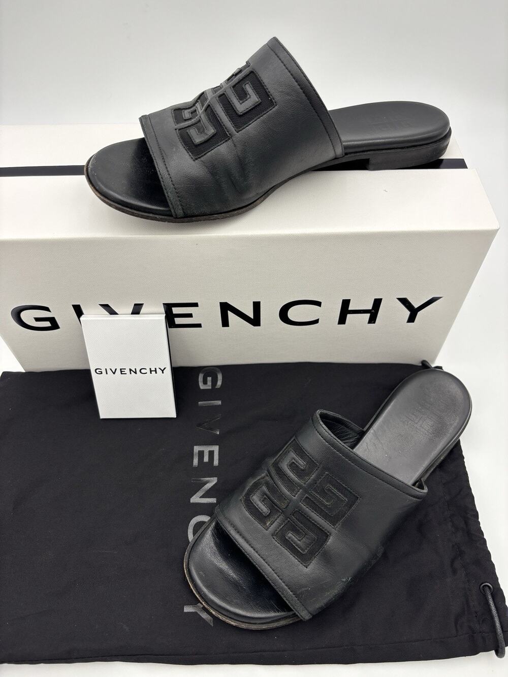 Authentic Givenchy Slides Flat Sandals Black Leather Mesh Logo Size 38.5 / 8.5